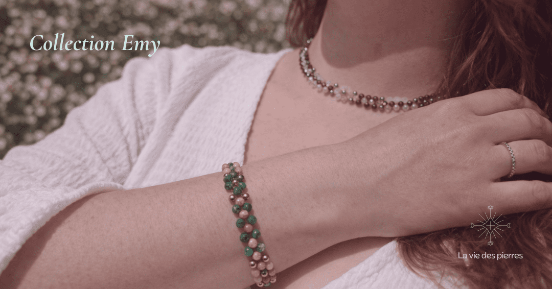 Parure Éclosion Solaire – Rhodochrosite, Malachite, pierre de lune & Grenat